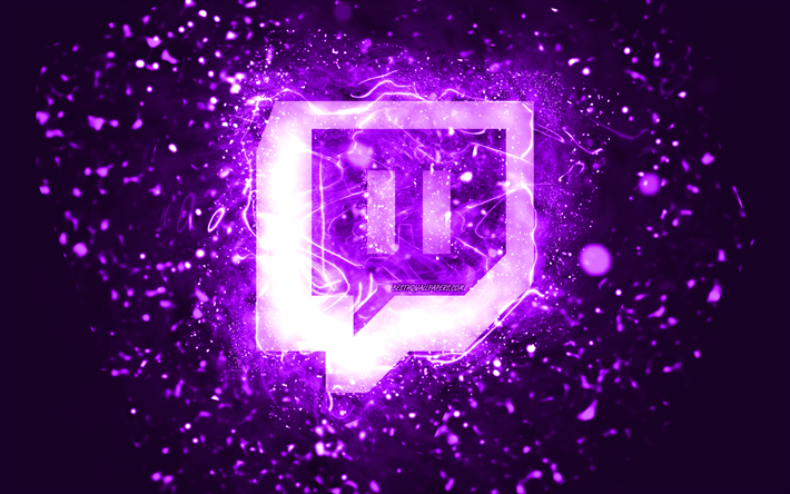 twitch violettes logo, 4k, violette neonlichter, kreativer, violetter abstrakter hintergrund, twitch-logo, soziales netzwerk, twitch