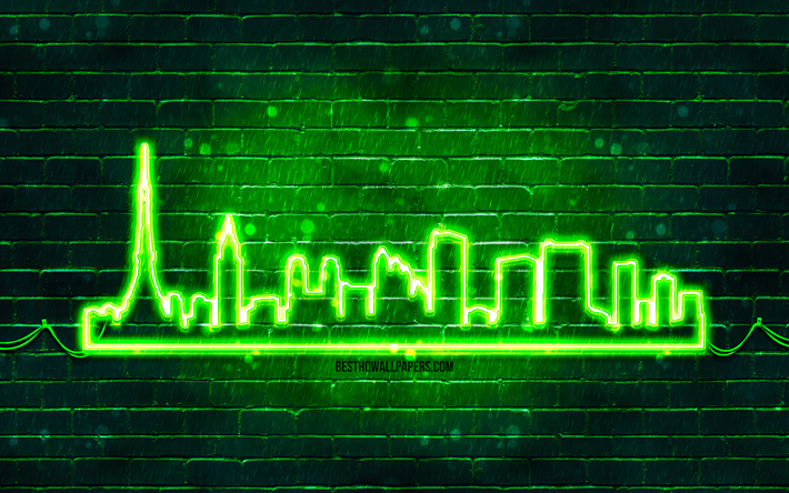 t&#243;quio verde silhueta neon, 4k, verde luzes de neon, tokyo skyline silhueta, verde brickwall, cidades japonesas, neon skyline silhuetas, jap&#227;o, t&#243;quio silhueta, t&#243;quio