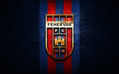 Fehervar FC, golden logo, OTP Bank Liga, blue metal background, football, hungarian football club, Fehervar FC logo, Hungary, MOL Fehervar