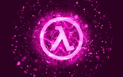 Half-Life purple logo, 4k, purple neon lights, creative, purple abstract background, Half-Life logo, games logos, Half-Life