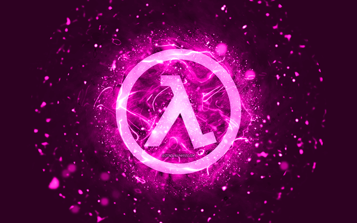 logo half-life viola, 4k, luci al neon viola, creativo, sfondo astratto viola, logo half-life, loghi giochi, half-life