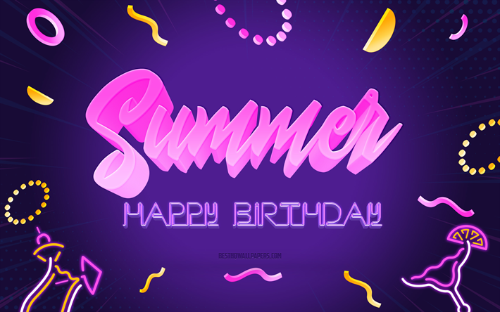 お誕生日おめでとう夏, 4k, 紫のパーティーの背景, 夏, クリエイティブアート, お誕生日おめでとう, 夏の名前, 夏の誕生日, 誕生日パーティーの背景