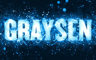 joyeux anniversaire graysen, 4k, n&#233;ons bleus, graysen nom, cr&#233;atif, graysen joyeux anniversaire, graysen anniversaire, les noms masculins am&#233;ricains populaires, photo avec le nom graysen, graysen