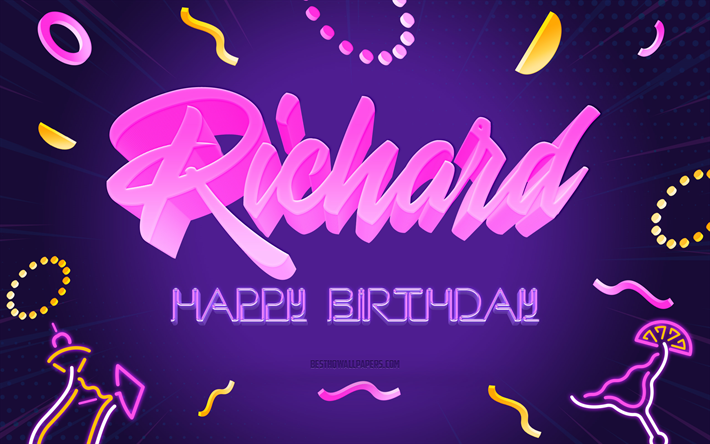 お誕生日おめでとうリチャード, 4k, 紫のパーティーの背景, リチャード, クリエイティブアート, リチャードお誕生日おめでとう, リチャード名, リチャードの誕生日, 誕生日パーティーの背景
