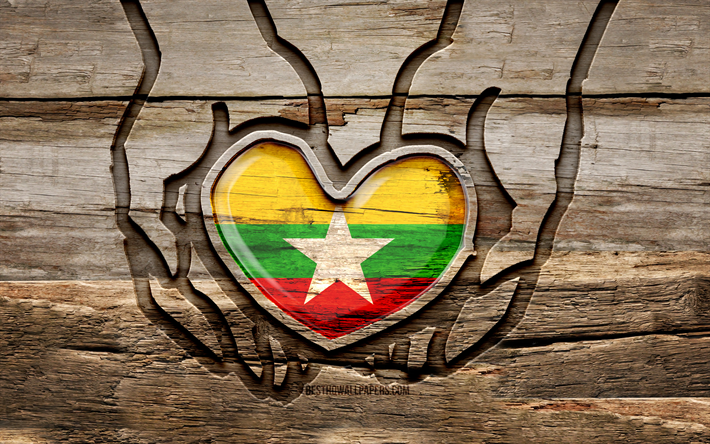 amo il myanmar, 4k, mani intagliate in legno, giorno del myanmar, bandiera del myanmar, prenditi cura del myanmar, creativo, bandiera del myanmar in mano, intaglio del legno, paesi asiatici, myanmar