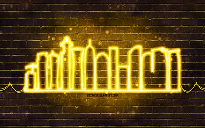 silueta de ne&#243;n amarillo de doha, 4k, luces de ne&#243;n amarillas, silueta del horizonte de doha, pared de ladrillo amarillo, ciudades qatari, siluetas de horizonte de ne&#243;n, qatar, silueta de doha, doha