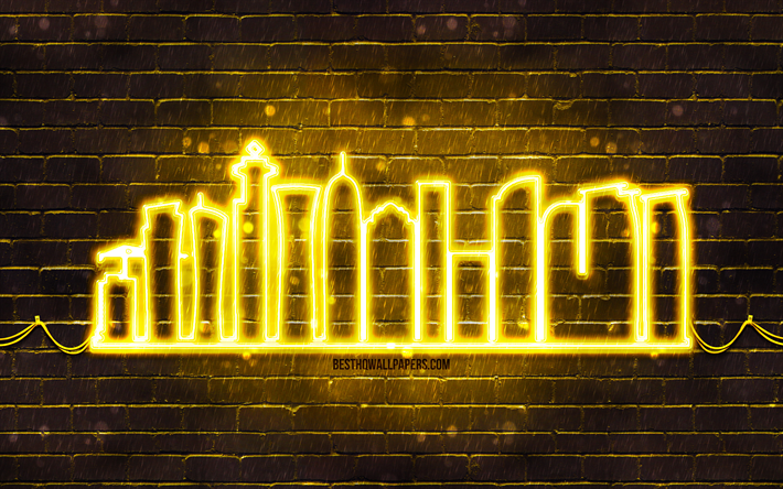 doha gelbe neon-silhouette, 4k, gelbe neonlichter, doha-skyline-silhouette, gelbe ziegelwand, katar-st&#228;dte, neon-skyline-silhouetten, katar, doha-silhouette, doha
