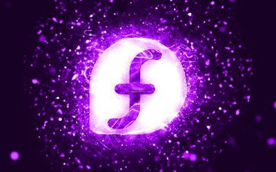fedora violettes logo, 4k, violette neonlichter, kreativer, violetter abstrakter hintergrund, fedora-logo, linux, fedora