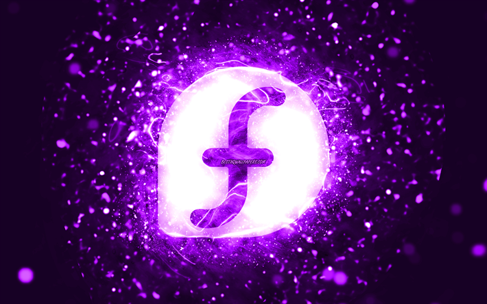 Fedora violet logo, 4k, violet neon lights, creative, violet abstract background, Fedora logo, Linux, Fedora