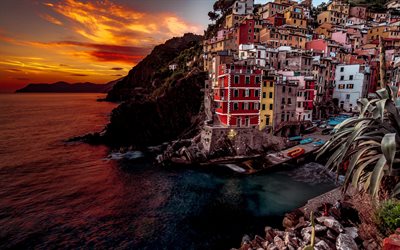Riomaggiore, evening, sunset, Ligurian coast, Riomaggiore panorama, Riomaggiore cityscape, La Spezia, Italy