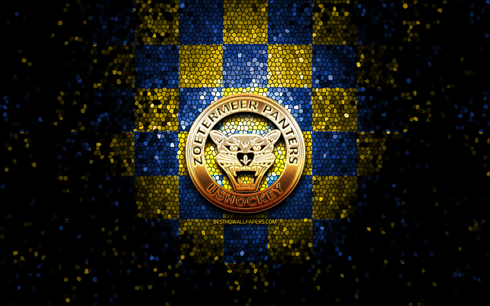 Zoetermeer Panthers, glitter logo, BeNe League, yellow blue checkered background, hockey, dutch hockey team, Zoetermeer Panthers logo, mosaic art