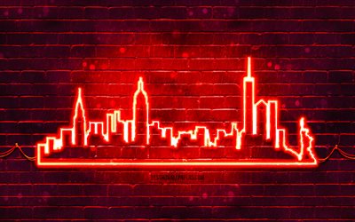 nova york silhueta de neon vermelho, 4k, luzes de neon vermelho, new york skyline silhueta, tijolo vermelho, cidades americanas, neon skyline silhuetas, eua, nova york silhueta, nova york, nyc