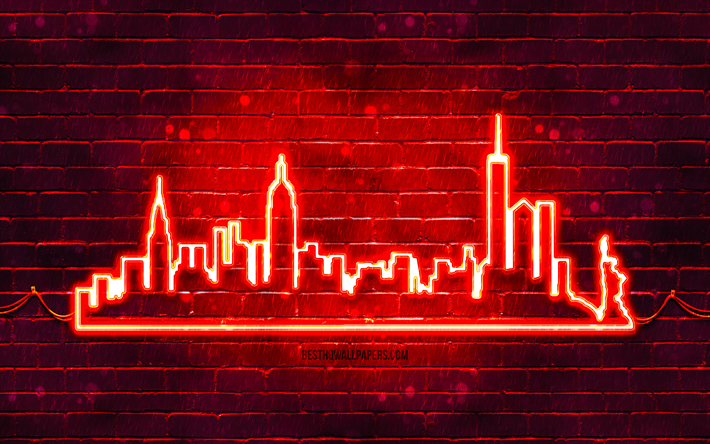 ニューヨークの赤いネオンシルエット, 4k, 赤いネオンライト, ニューヨークのスカイラインのシルエット, 赤レンガの壁, アメリカの都市, ネオンスカイラインのシルエット, 米国, ニューヨークのシルエット, ニューヨーク, nyc