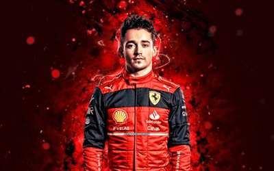 Charles Leclerc, 4k, 2022, red neon lights, Formula 1, Scuderia Ferrari, creative, Ferrari 2022, Ferrari, Charles Leclerc Ferrari, Charles Leclerc 4K