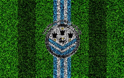 Tours FC, 4k, logo, football lawn, french football club, blue white lines, grass texture, Ligue 2, Tour, France, football, soccer field