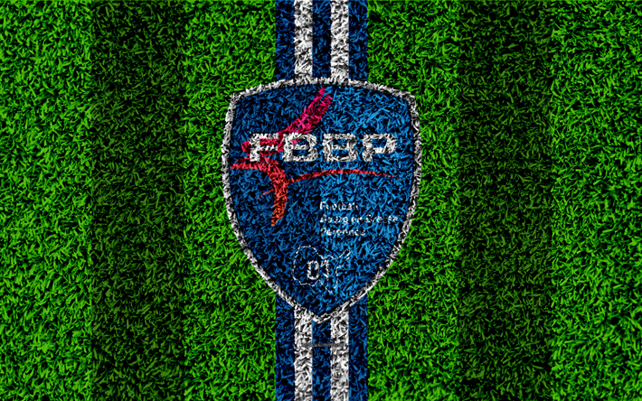 Bourg Peronnas FC, 4k, logo, football lawn, french football club, blue white lines, grass texture, Ligue 2, Auxerre, France, football, soccer field, Bourg en Bresse Peronnas