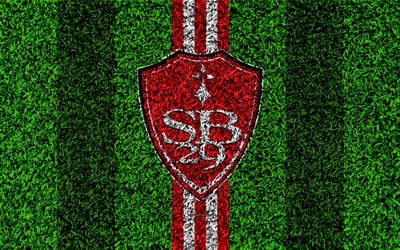 Brest FC, Stade Brestois 29, 4k, logo, football lawn, french football club, red white lines, grass texture, Ligue 2, Brest, France, football, soccer field
