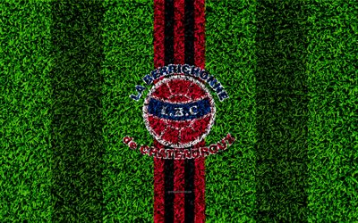 Chateauroux FC, 4k, logo, football lawn, french soccer club, red blue lines, grass texture, Ligue 2, Chateauroux, France, football, soccer field, LB Chateauroux