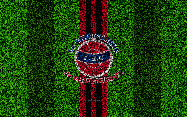 2 Chateauroux FC, 4k, logo, futbol &#231;im, Fransız Futbol Kul&#252;b&#252;, kırmızı mavi &#231;izgiler, &#231;im doku, İzle, Chateauroux, Fransa, futbol, futbol sahası, LB Chateauroux