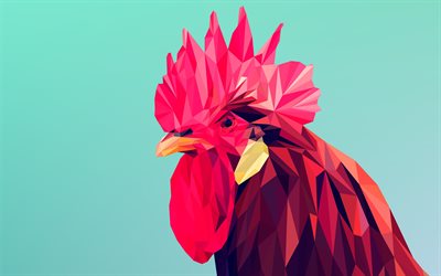 Rooster, 4k, low poly art, blue background, minimal, 3d art