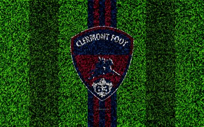 كليرمونت FC, كليرمونت القدم 63, 4k, شعار, كرة القدم العشب, كرة القدم الفرنسي النادي, الأرجواني الأزرق خطوط, العشب الملمس, الدوري الفرنسي 2, كليرمونت-فيراند, فرنسا, كرة القدم