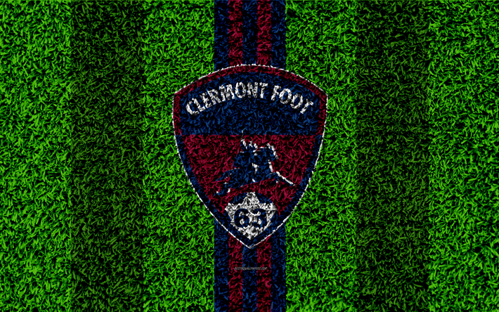 Clermont FC, Clermont Foot 63, 4k, logo, futebol gramado, franc&#234;s futebol clube, roxo azul linhas, grama textura, Ligue 2, Clermont-Ferrand, Fran&#231;a, futebol, campo de futebol