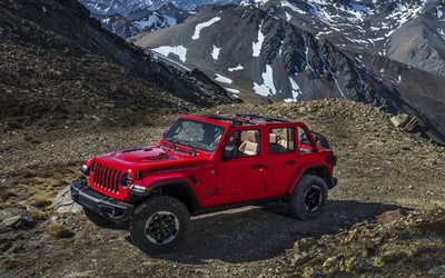 Jeep Wranglerルビコン, 山々, 2018両, offroad, Jeep Wrangler, 4x4, 赤Wrangler, ジープ