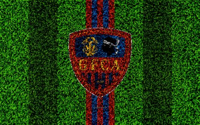 Gazelec Ajaccio, 4k, logo, football de la pelouse, le club fran&#231;ais de football, rouge, bleu lignes, de l&#39;herbe, de la texture, de la Ligue 2, Ajaccio, France, football, terrain de football, GFC Ajaccio