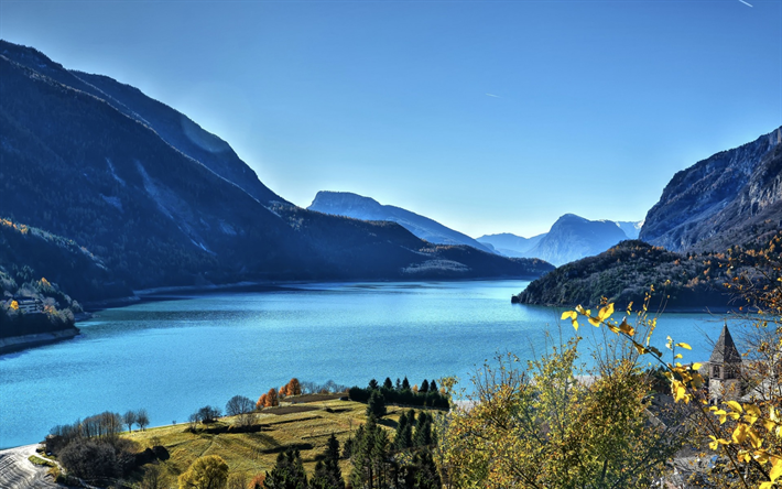 Lake Molveno, mountain lake, spring, forest, morning, mountain landscape, Trentino, Dolomites, Italy