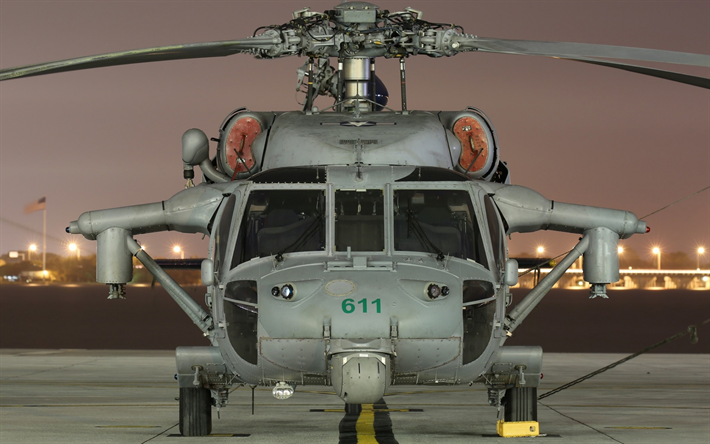 Sikorsky MH-60S Knighthawk, vista frontale, elicottero militare, Marina, campo d&#39;aviazione militare, la notte, USA, Sikorsky