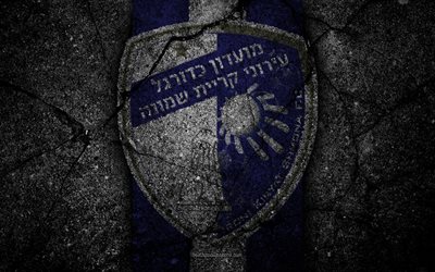 FC Hapoel Kiryat Shmona, 4k, Ligat haAl, Israel, black stone, football club, logo, Hapoel Kiryat Shmona, soccer, asphalt texture, Hapoel Kiryat Shmona FC