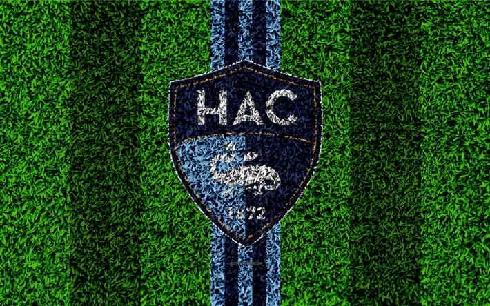 Le Havre FC, 4k, logo, football lawn, french soccer club, blue lines, grass texture, Ligue 2, Le Havre, France, soccer, soccer field, Le Havre AC