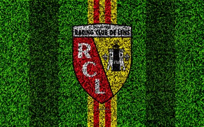 RC Lens, 4k, logo, football lawn, french football club, red yellow lines, grass texture, Ligue 2, Lance, France, football, soccer field, Lens FC