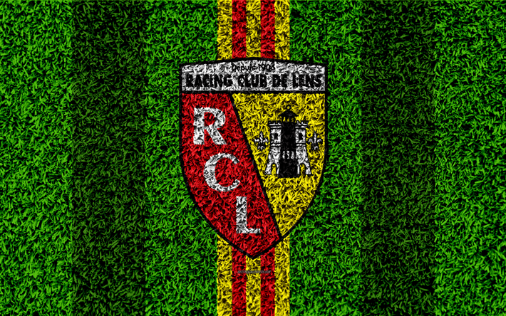Le RC Lens, 4k, logo, football de la pelouse, le club fran&#231;ais de football, rouge, jaune lignes, de l&#39;herbe, de la texture, de la Ligue 2, Lance, en France, le football, le terrain de football, FC Lens