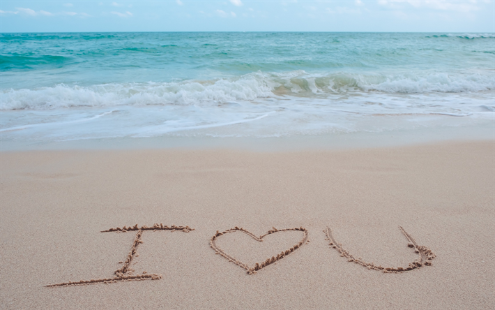 Rakastan sinua, meri, ranta, hiekka, kirjoitus hiekalla, aallot, matka, merimaisema