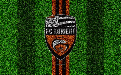 FC Lorient, 4k, logo, football de la pelouse, le club fran&#231;ais de football, orange lignes noires, de l&#39;herbe, de la texture, de la Ligue 2, Lorient, France, le football, le terrain de football