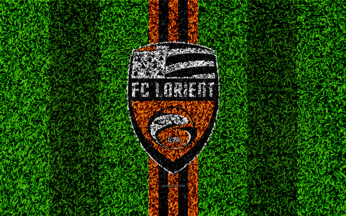 FC Lorient, 4k, logo, football de la pelouse, le club fran&#231;ais de football, orange lignes noires, de l&#39;herbe, de la texture, de la Ligue 2, Lorient, France, le football, le terrain de football
