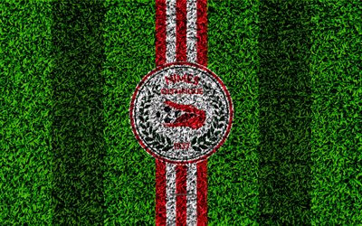 Nimes Olympique FC, 4k, logo, football lawn, french football club, red white lines, grass texture, Ligue 2, N&#238;mes, France, football, soccer field