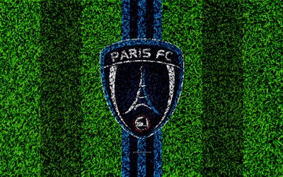 Paris FC, 4k, logo, football lawn, french football club, blue lines, grass texture, Ligue 2, Paris, France, football, soccer field