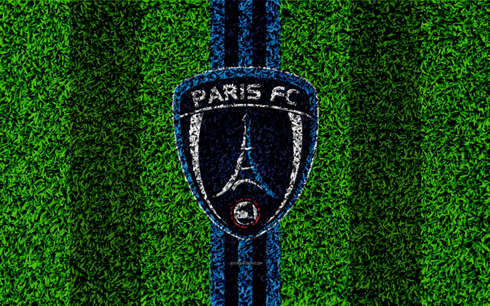 Paris FC, 4k, logo, football lawn, french football club, blue lines, grass texture, Ligue 2, Paris, France, football, soccer field