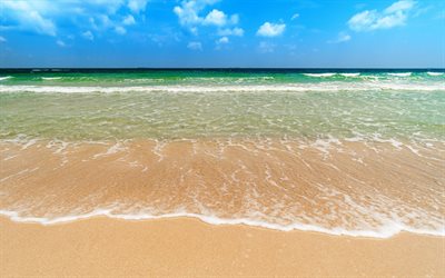 海, 夏, ビーチ, 海/, 青く澄んだ空, 波, 砂