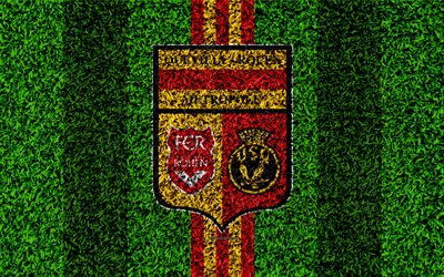 Quevilly Rouen FC, USQRM, 4k, logo, football de la pelouse, le club de football fran&#231;ais, jaune, rouge, texture d&#39;herbe, de la Ligue 2, Le Petit-Keviji, en France, le football, le terrain de football, US Quevilly-Rouen