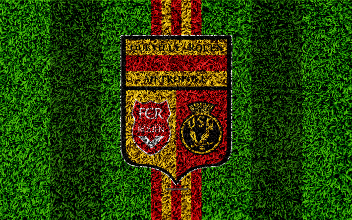 Quevilly Rouen FC, USQRM, 4k, logo, football lawn, french soccer club, yellow red lines, grass texture, Ligue 2, Le Petit-Keviji, France, football, soccer field, US Quevilly-Rouen