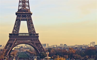 Eiffel Tower, 4k, french landmarks, autumn, capital, Paris, France, Europe