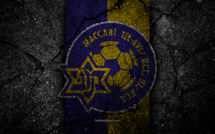 FC Maccabi Tel Aviv, 4k, Ligat haAl, Israel, black stone, football club, logo, Maccabi Tel Aviv, soccer, asphalt texture, Maccabi Tel Aviv FC
