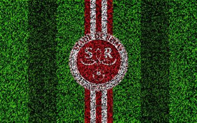 Reims FC, 4k, logo, football lawn, french football club, white red lines, grass texture, Ligue 2, Reims, France, football, soccer field, Stade de Reims