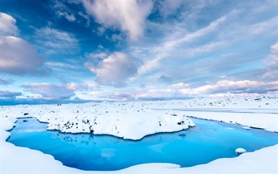 4k, Islanda, cumuli di neve, inverno, fiume azzurro, Europa