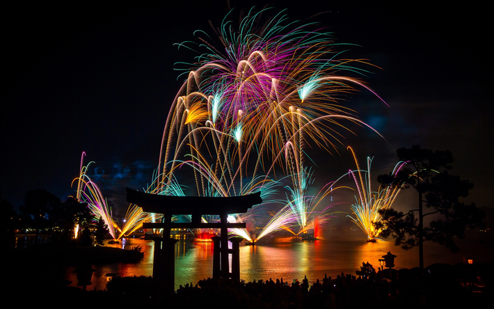 torii, ritual gates, night, Japan, religious buildings, shinto, fireworks, feast
