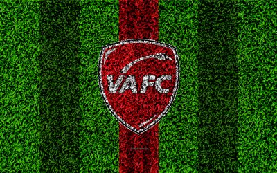 Valenciennes FC, 4k, logo, football lawn, french football club, red lines, grass texture, Ligue 2, Valenciennes, France, football, soccer field