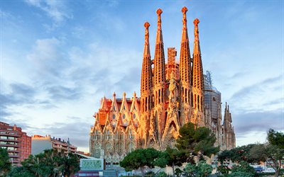 Sagrada Familia, 4k, espanjan maamerkkej&#228;, Gaudis temppeli, Barcelona, Katalonia, Espanja
